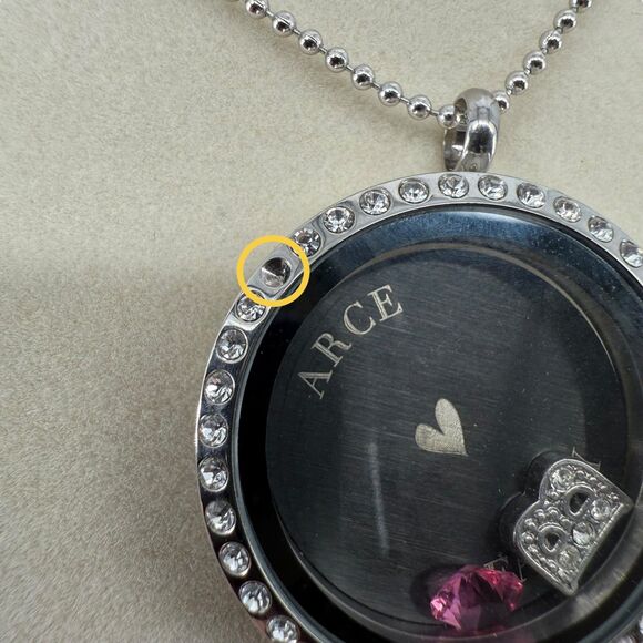 Origami Owl Hinged Locket Necklace 30" Crystal Face Inscription & 2 Charms READ - Picture 4 of 15